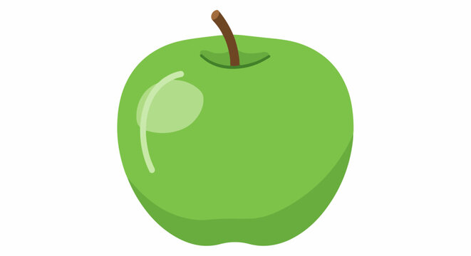 A brightly lit, crisp green apple with a brown stem and light reflections