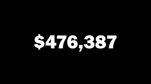 counting digital number increasing money dollar from 0 to 500,000 and reverse animation from 500,000 to 0 with a dollar symbol icon on a black background or transparent background, 4k video
