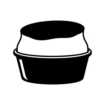 Simple black icon of pudding cup dessert on gray background.
