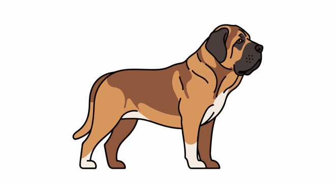 A brown and tan mastiff dog stands profile, looking to the right