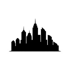Obraz premium Cityscape silhouette of modern buildings against a grey background.