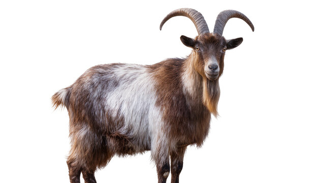 Brown and white goat with large curved horns and beard