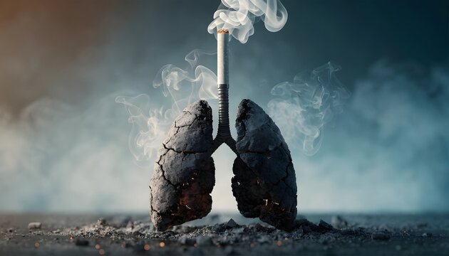 Burning cigarette transforming into damaged human lungs. Tobacco hazard conceptual art. Charred anatomical lungs cracking and emitting dense smoke on a dark floor