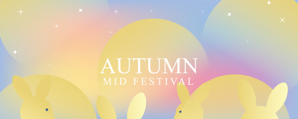 Mid Autumn Festival design Set background, banner, greeting card, poster. Trendy Mid Autumn Festival with moon, cute rabbits in gradient, blue and yellow colors. © bodonk