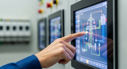 Fototapeta premium Close-up of finger touching digital HMI screen in industrial electrical room