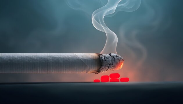 Smoking cigarette butt resting horizontally with red glowing pixels. Electronic nicotine delivery or digital smoking concept. Toxic stick generating thin smoke lines
