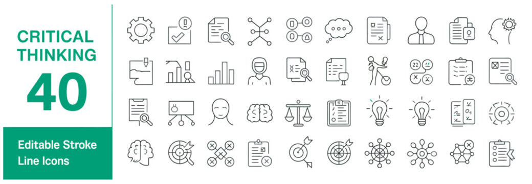 Collection of forty critical thinking and analytical problem solving line vector icons