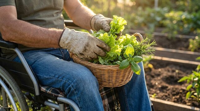 Gardening hands holding fresh organic greens in wooden basket on wheelchair lap at sunset