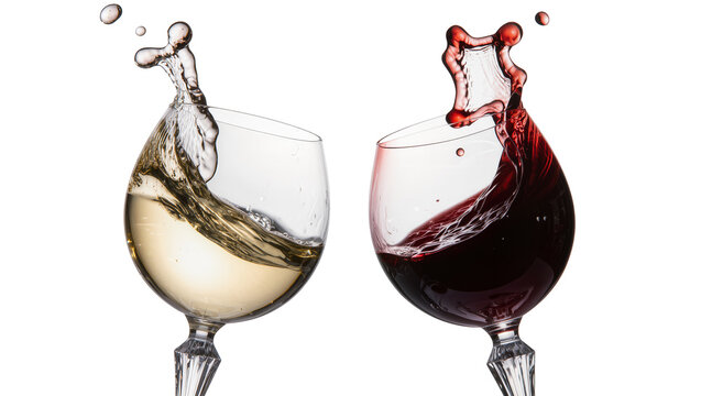 Red and white wine splashing in elegant glasses