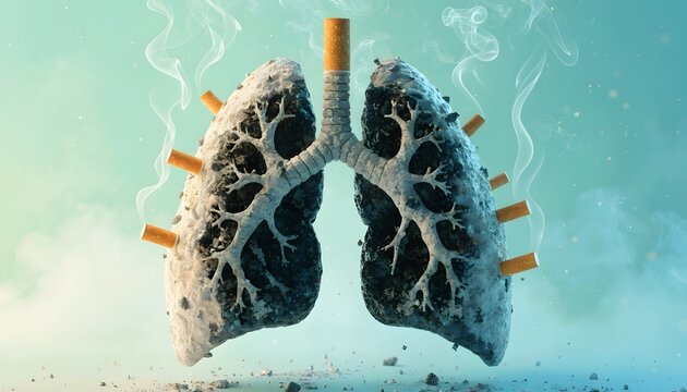 Clean and dirty lungs showing cigarette smoking damage. Healthy lifestyle versus nicotine addiction healthcare comparison. Human lungs anatomy split with white snow and dark ash from cigarettes