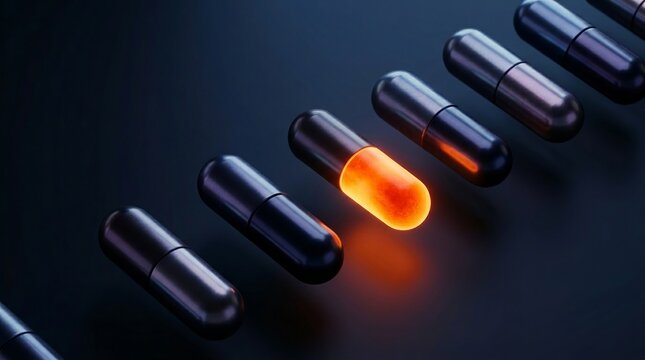 Unique Glowing Orange Medicine Capsule Standing Out in a Row of Dark Pills