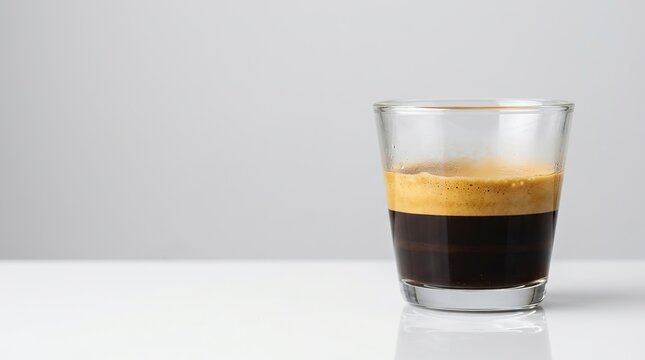 Hot Espresso Coffee with Golden Crema in a Clear Glass on White Background
