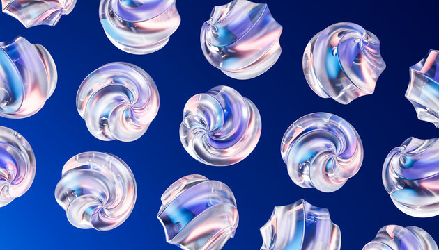 Patterned 3D glass swirl floating across a deep blue field.