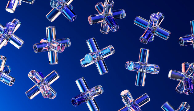 Floating 3D glass connector arranged over a deep blue field