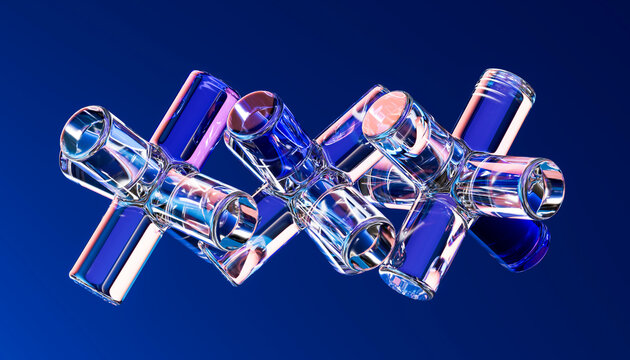 Linked 3D glass module suspended across a deep blue field