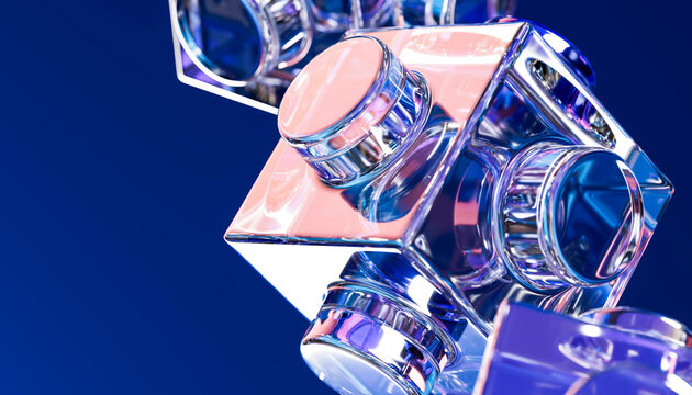 Closeup 3D glass module with luminous pink blue reflection