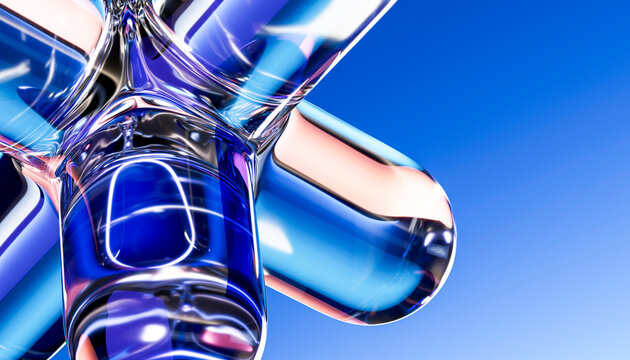 Macro 3D glass connector with smooth blue pink reflection