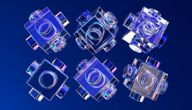 Grid 3D glass module aligned across a deep blue field