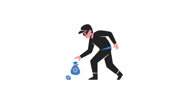 A cartoon burglar in black with a mask and cap picks up a blue money bag