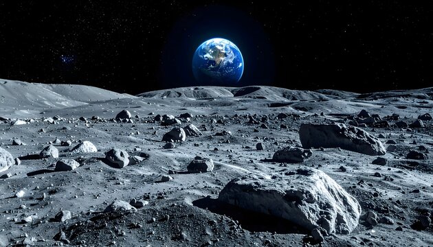 View of Earth from the Moon surface with rocks and craters in the foreground