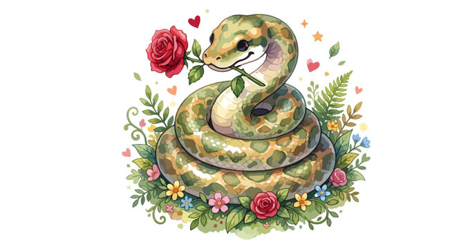 Cute Isometric Watercolor Python Snake Holding a Red Rose Vector Illustration