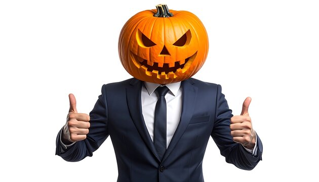 Halloween business man with pumpkin head.