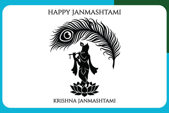 Krishna Janmashtami festival greeting card with peacock feather and flute player  Indian celebration