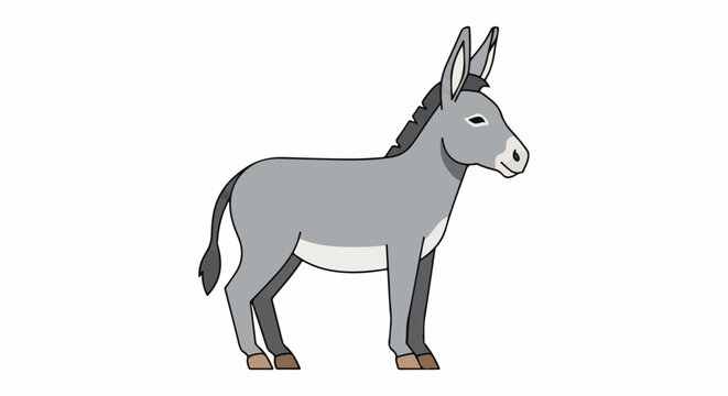 A cartoon grey donkey stands facing right against a white background