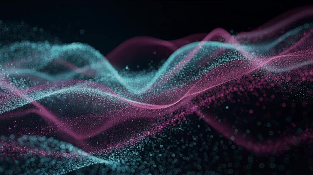 Glowing digital particles forming overlapping wave patterns symbolizing data flow network connections.