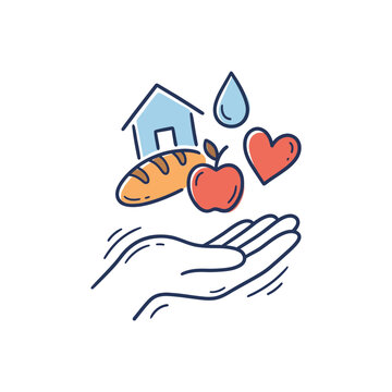 A hand holding icons of basic human needs and daily essentials