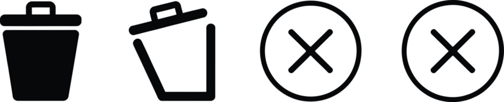 Trash can, and cross mark icons, simple flat vector set of delete remove UI symbols for applications websites and modern user interface design systems.
