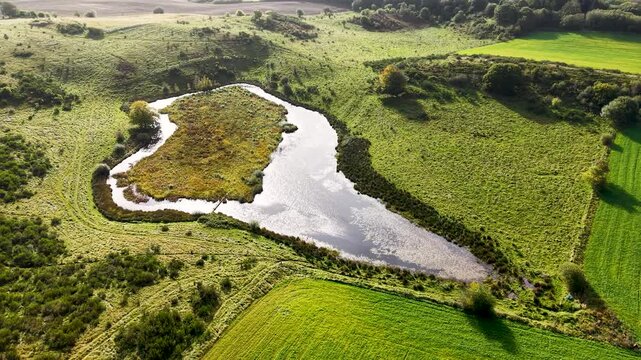 Aerial view of lush farming pond in central Jutland, Denmark