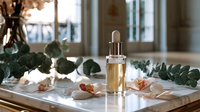Luxury beauty serum bottle with eucalyptus leaves and orchid petals