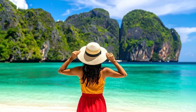 Woman with hat on beach, viewing lush green cliffs, turquoise sea, in bright sunlight, back facing camera