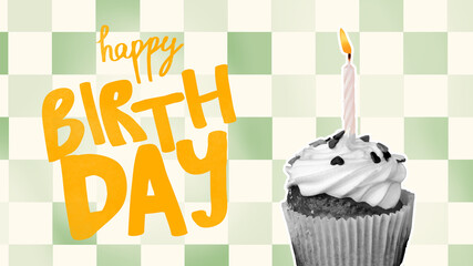 Obraz premium Celebration of a birthday with a cupcake and a candle on a green checkered background