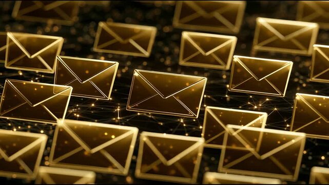 Golden envelopes travel across a dark area filled with small lights. The animation shows movement and connection between the envelopes.