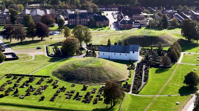 Aerial view of Jelling Church and Viking Stronghold, Denmark