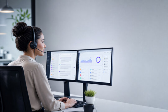 Customer support representative using helpdesk software with live chat, ticket management, and analytics dashboard on side-view monitors, illustrating modern SaaS customer service workflow.