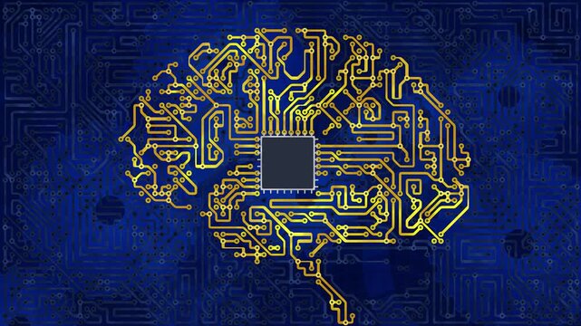 Intricate digital circuit board with CPU forms a human brain, artificial intelligence and a retro-futuristic vision with rotating gears in the background