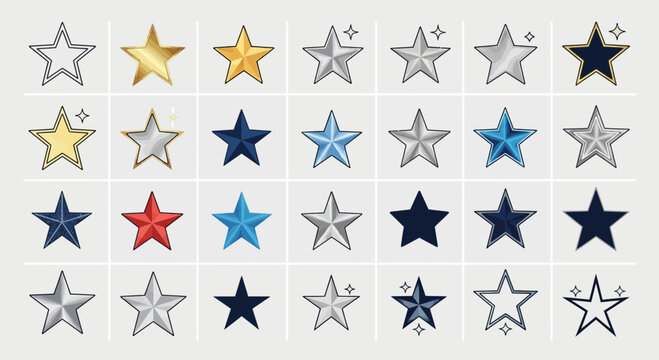 Collection of 28 Star Icons in Various Styles and Colors
