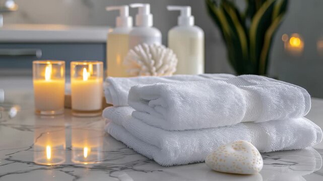 A luxurious spa setup with neatly folded white towels, glowing candles in glass holders, decorative natural objects, and bath essentials on a pristine marble countertop. Serene and relaxing.