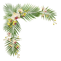 Elegant corner arrangement of yellow and white orchid flowers with tropical palm leaves on a transparent background. © Caroline