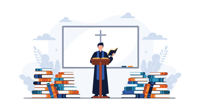 Priest wearing black robe and clerical collar preaching from a wooden pulpit flanked by high stacks of theological books.