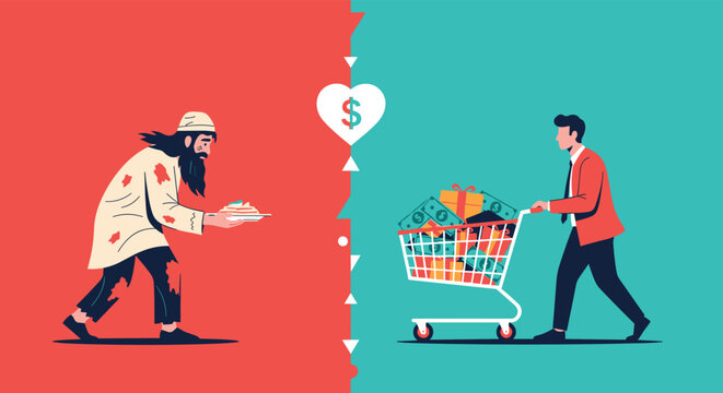 Social inequality illustration depicting a wealthy businessman with money in shopping cart next to a poor homeless man.