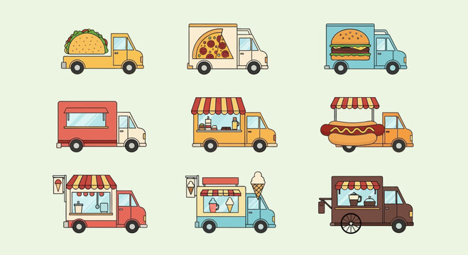 Colorful Vector Food Trucks Collection: Tacos, Pizza, Burgers, Hot Dogs, Ice Cream