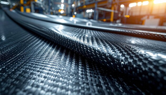 Close up view of carbon fiber fabric sheets stacked in a manufacturing plant showing the detailed weave pattern and industrial production.
