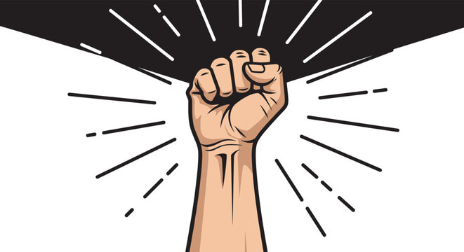 Powerful clenched fist raised high in the air symbolizing protest, revolution, strength, and community solidarity.