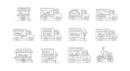 Fototapeta premium Food Truck Collection: Street Food Stalls & Mobile Kitchens - Vector Icons