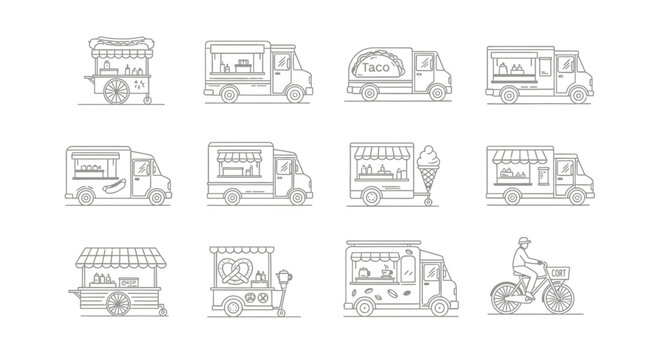 Food Truck Collection: Street Food Stalls & Mobile Kitchens - Vector Icons