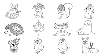 Fototapeta premium Adorable Woodland Animal and Nature Line Drawings